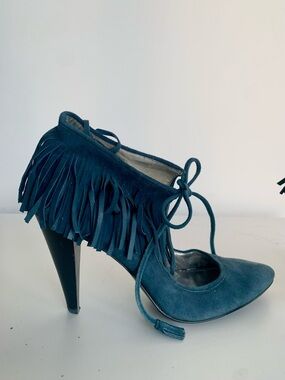 Calvin Klein Teal Suede Fringe Lace-Up High Heel Pump